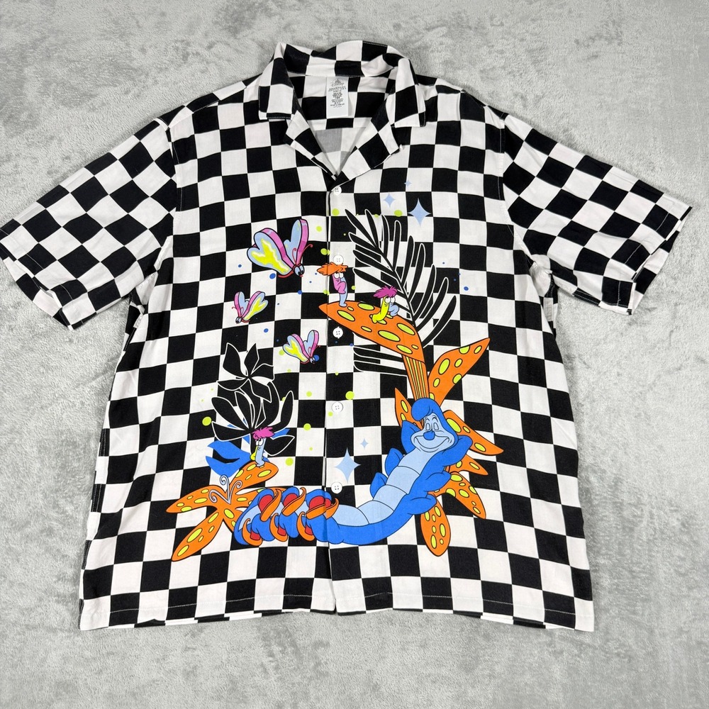 Disney Men XL Alice in Wonderland Checkered Caterpillar Button Down Shirt